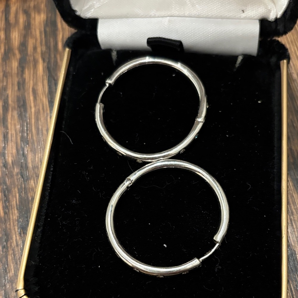 14K White Gold Hinged Hoop Earrings with Diamonds
